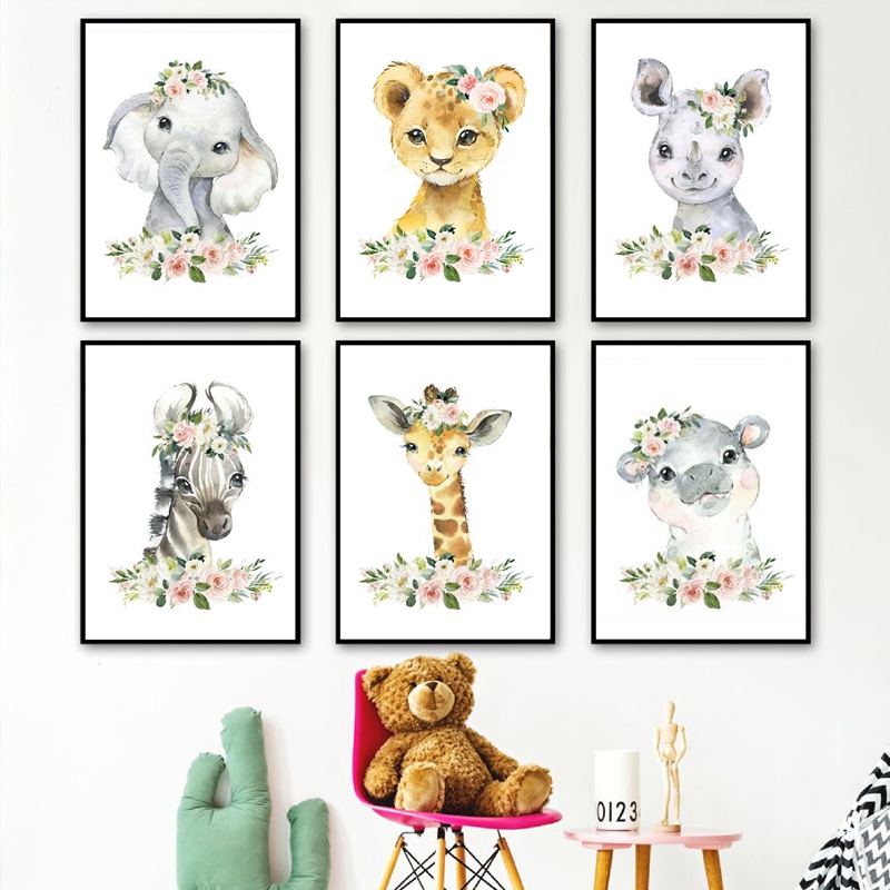 Animals Baby Nursery - ภาพพิมพ์บนผ้าใบลายดอกไม้และสัตว์ป่า ตกแต่งห้องเด็ก ลายช้าง ยีราฟ ภาพวาดติดผนัง โปสเตอร์สไตล์นอร์ดิก