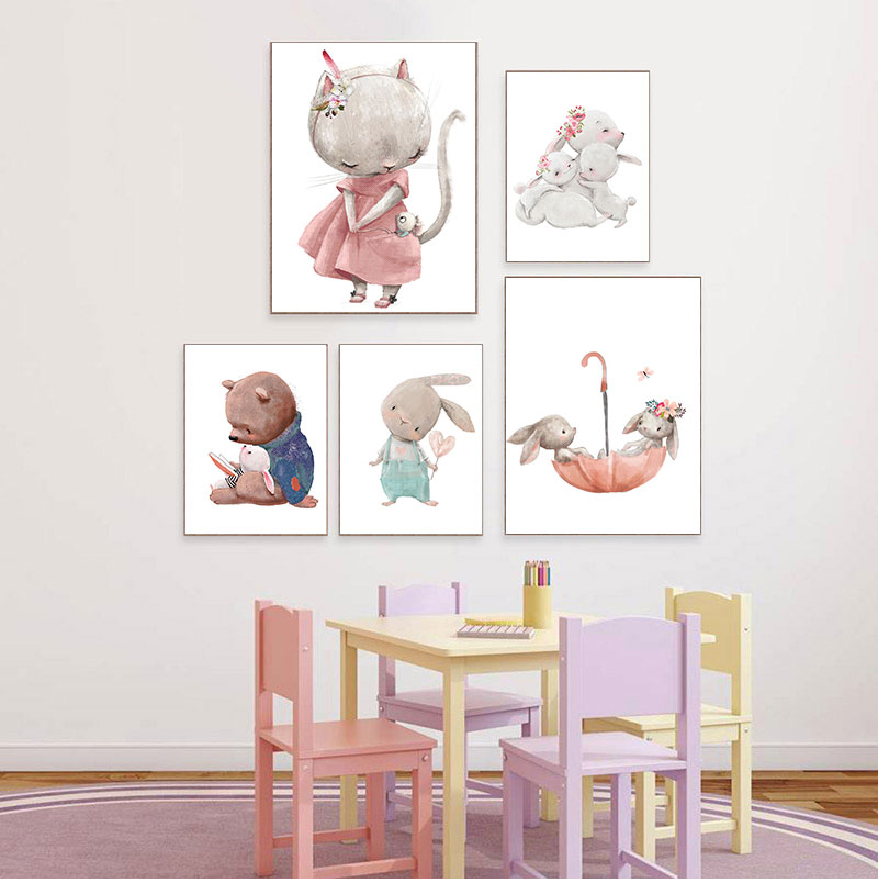 Animals Baby Nursery - ภาพพิมพ์ศิลปะตกแต่งแบบไม่มีกรอบ 1 ชิ้น, ภาพพิมพ์บนผ้าใบลายหมีกระต่าย, โปสเตอร์กระต่ายน้อย, ภาพวาดสำหรับตกแต่งห้องเด็ก,