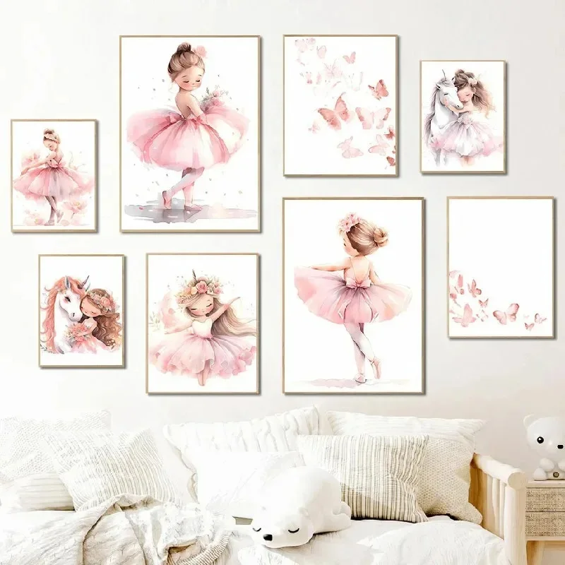 Baby Nursery Girl Room - สีชมพูบัลเลริน่าสาวยูนิคอร์นผีเสื้อโปสเตอร์ห้องเด็กตกแต่งผ้าใบโปสเตอร์ศิลปะบนผนังเนอสเซอรี่โปสเตอร์ตกแต่งห้องนอนเด็ก
