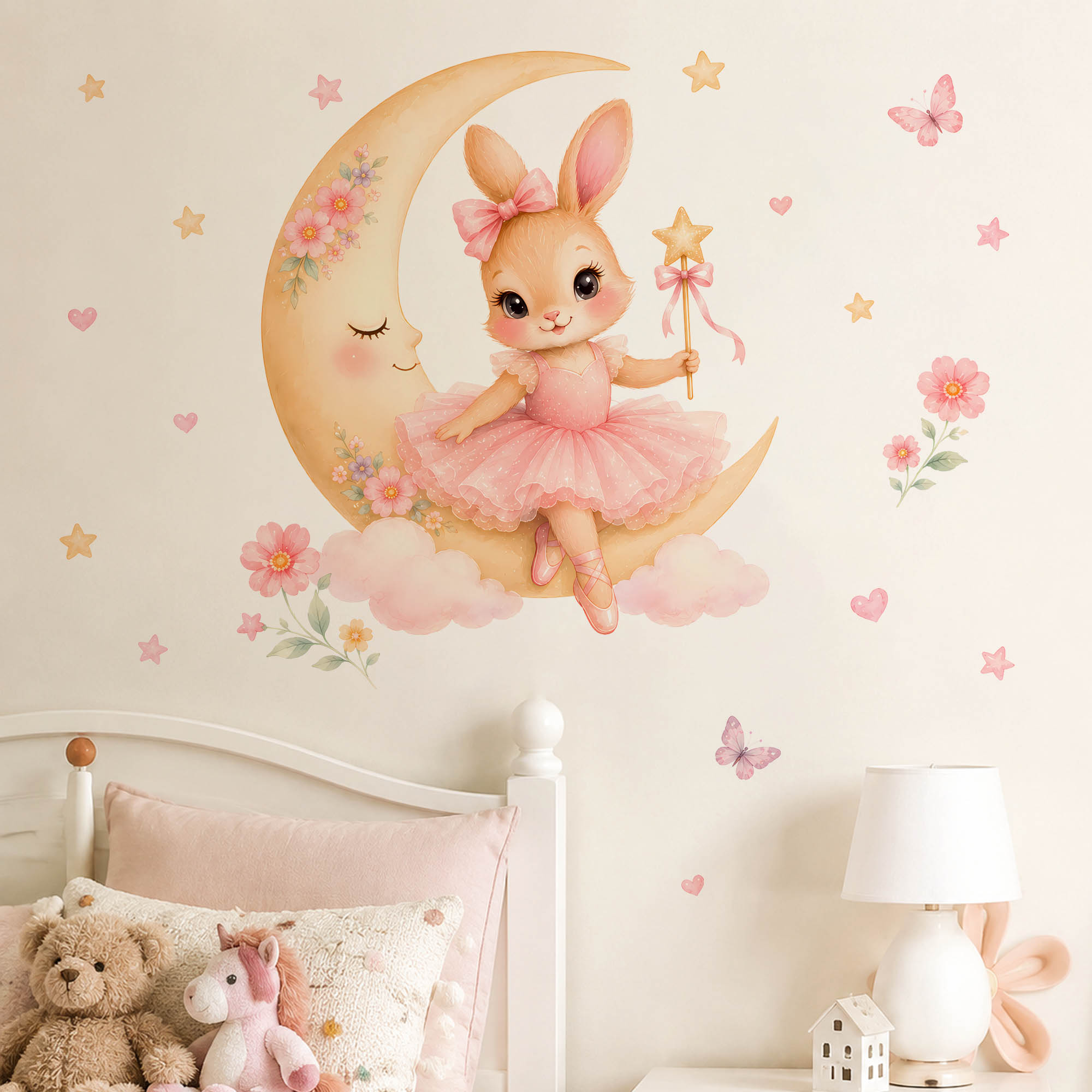 Baby Nursery Girl Room - สติ๊กเกอร์ติดผนังลายกระต่ายนักบัลเล่ต์สีน้ำ พร้อมกระโปรงบัลเล่ต์สีชมพู ดาว และไม้กายสิทธิ์ สำหรับตกแต่งห้องเด็กผู้หญิง ห้องนอน