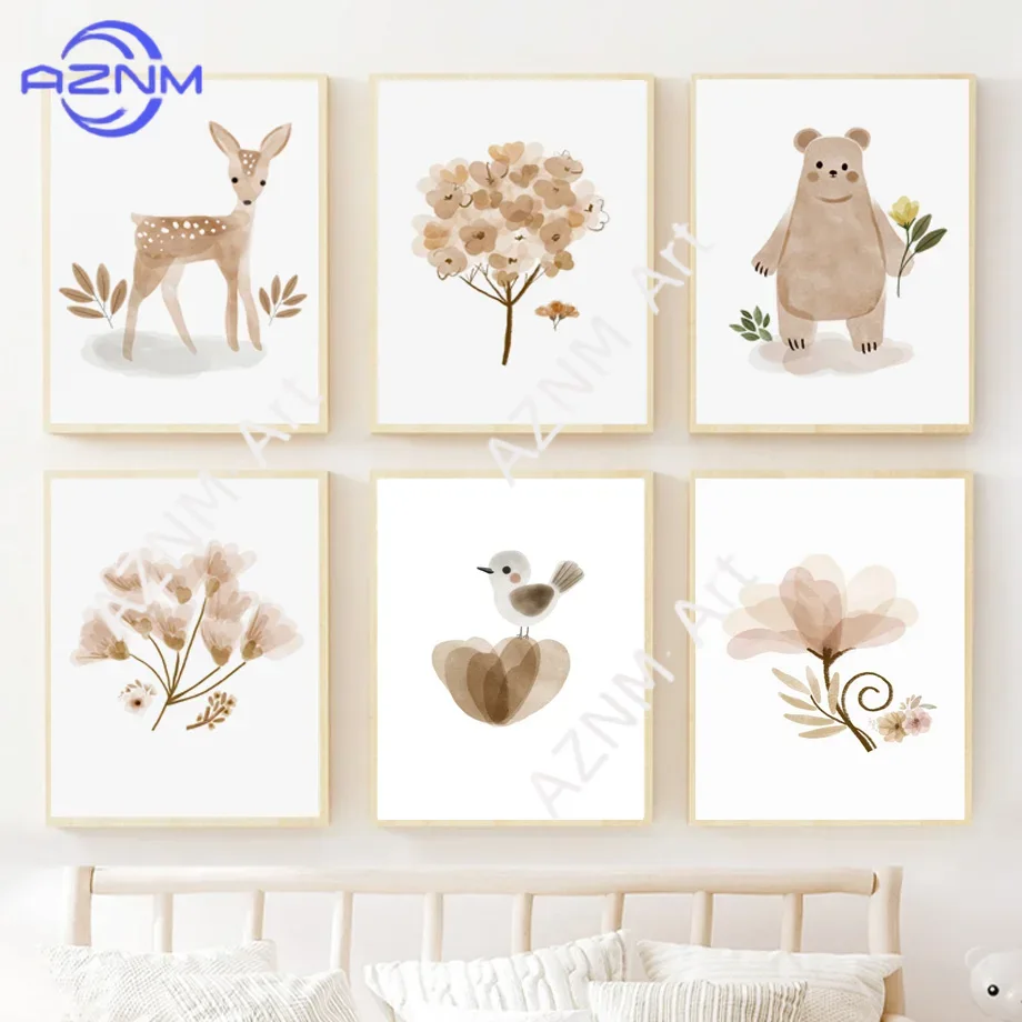 Baby Nursery Neutral - ภาพพิมพ์บนผ้าใบสำหรับตกแต่งผนังห้องเด็กสไตล์โบโฮ - ลายกวาง หมี สายรุ้ง นก