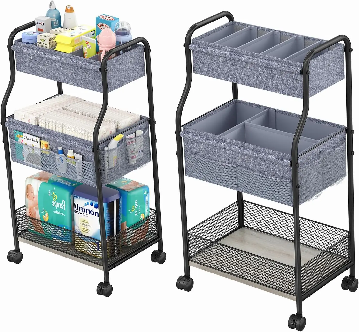 Baby Nursery Utility Cart - รถเข็นเก็บของอเนกประสงค์ 3 ชั้นสำหรับใส่ผ้าอ้อมเด็ก พร้อมล้อเลื่อนสำหรับเก็บของใช้จำเป็นในห้องเด็ก