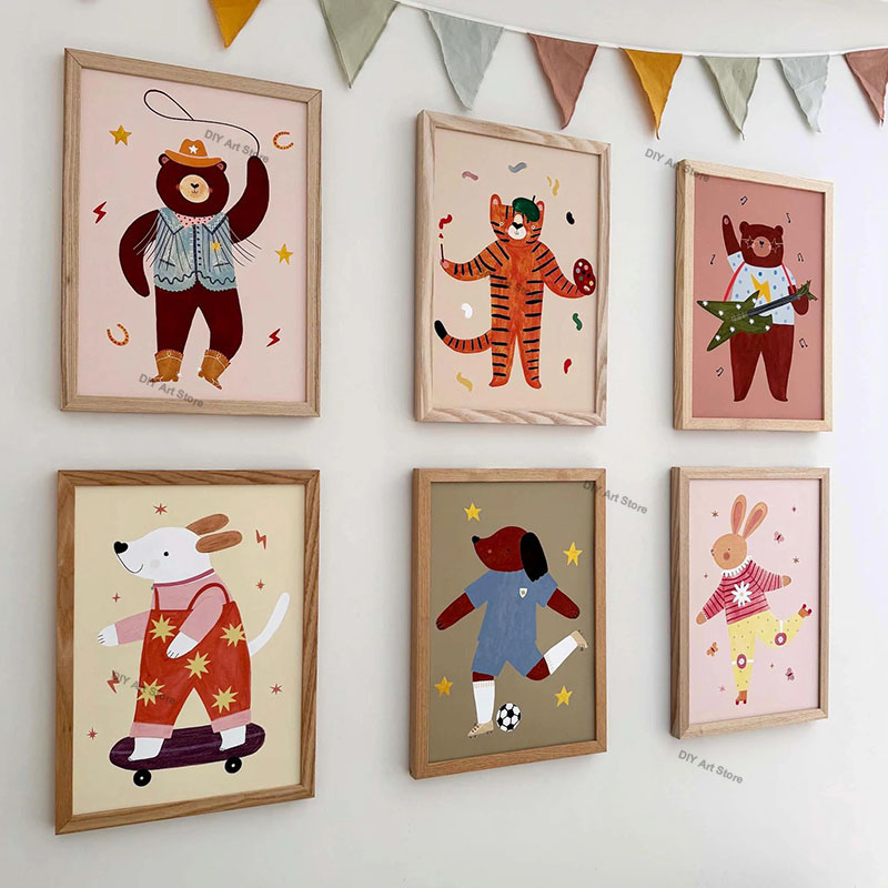 Animals Baby Nursery - ภาพวาดการ์ตูนสัตว์น่ารักสำหรับตกแต่งผนังห้องเด็ก ภาพพิมพ์บนผ้าแคนวาส หมี เสือ กระต่าย หนู