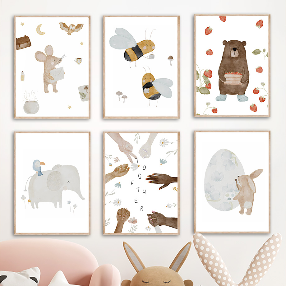 Animals Baby Nursery - โปสเตอร์และภาพพิมพ์ลายสัตว์โบโฮ ช้าง กระต่าย หมี กวาง ผึ้ง