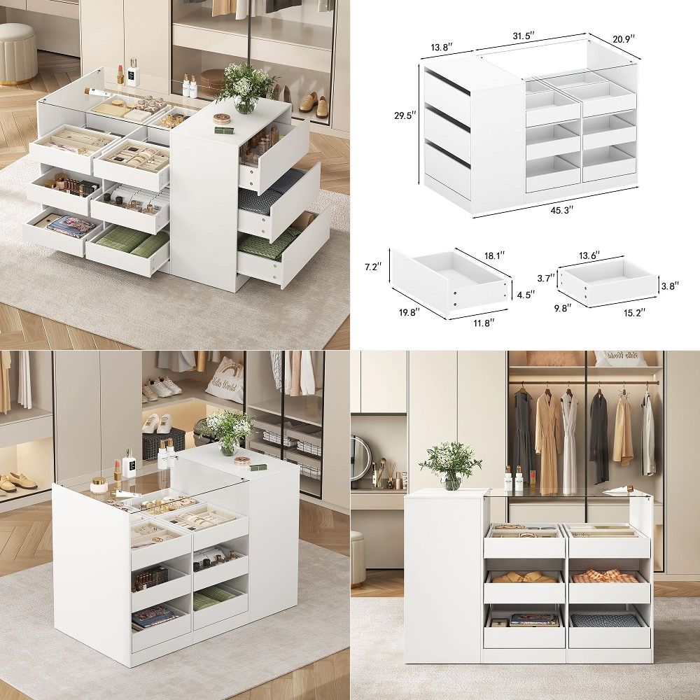 Drawer Dresser White - ตู้เสื้อผ้าแบบเกาะพร้อมลิ้นชัก, ตู้เสื้อผ้าแบบเกาะสำหรับห้องนอน, ชั้นวางกระจกพร้อมลิ้นชัก 15 ช่อง, ตู้เสื้อผ้าสีขาวพร้อมท็อปกระจก