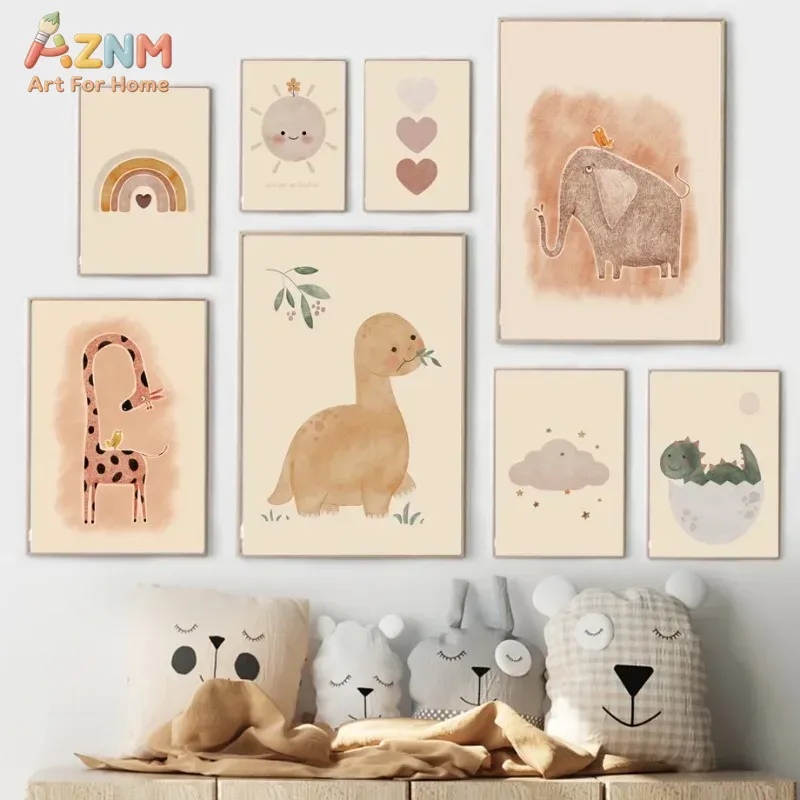 Baby Nursery Neutral - AZNM ภาพวาดสีน้ำไดโนเสาร์บนผ้าใบ ศิลปะติดผนัง ลายช้างน่ารัก ลายสายรุ้ง สำหรับตกแต่งห้องเด็กอ่อน