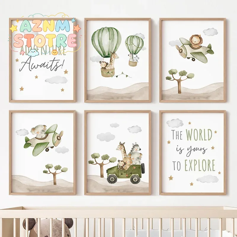 Animals Baby Nursery - โปสเตอร์สัตว์ในบอลลูนลมร้อน ภาพวาดบนผ้าใบ ช้าง สิงโต ยีราฟ ลิง