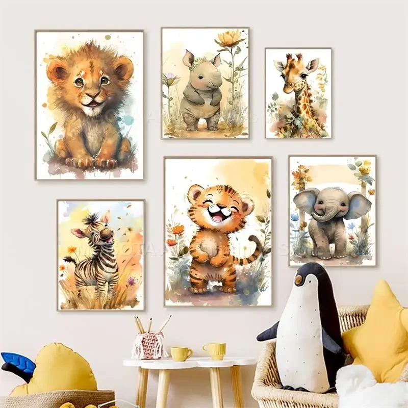 Animals Baby Nursery - สีน้ำสิงโตยีราฟเสือช้างม้าลายเนอสเซอรี่ศิลปะบนกำแพงภาพวาดผ้าใบสัตว์โปสเตอร์พิมพ์ภาพเด็กทารกเด็กตกแต่งห้อง