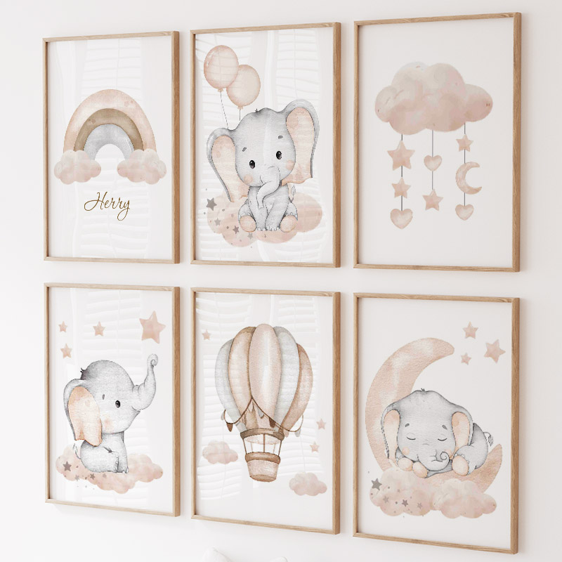 Animals Baby Nursery - ช้างน่ารักร้อนบอลลูน Moon Rainbow Cloud Nursery Wall
