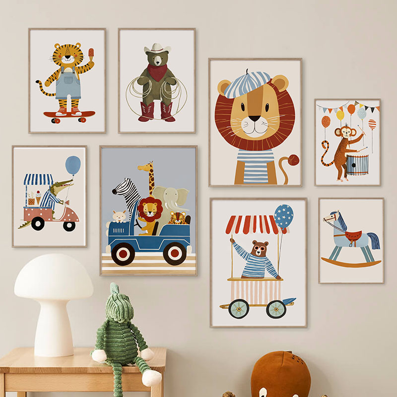 Animals Baby Nursery - ภาพวาดการ์ตูนสัตว์ตลกๆ สำหรับตกแต่งผนังห้องเด็ก ภาพพิมพ์บนผ้าใบ ลายสิงโต หมี เสือ