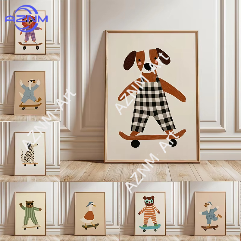 Animals Baby Nursery - โปสเตอร์สัตว์ตลกเล่นสเก็ตบอร์ด 1 ชิ้น ภาพพิมพ์บนผ้าใบลายห่าน เป็ด สุนัข