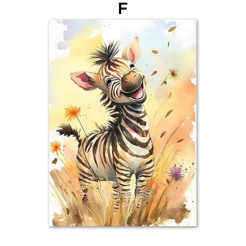 Animals Baby Nursery - ภาพวาดสีน้ำ ลายสิงโต ยีราฟ เสือ ช้าง ม้าลาย