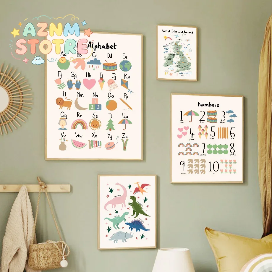 Animals Baby Nursery - แผนที่โลกสัตว์ ไดโนเสาร์ ตัวอักษร ตัวเลข ภาพวาดบนผ้าใบ โปสเตอร์ตกแต่งผนังสำหรับห้องเด็กอ่อน