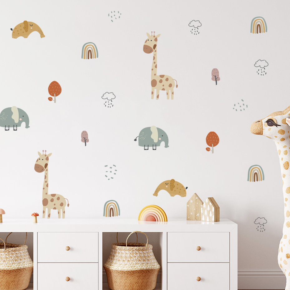 Baby Nursery Plants - การ์ตูนยีราฟช้างสัตว์สติ๊กเกอร์ติดผนัง Rainbow Tree Wall Decals เด็กเนอสเซอรี่ไวนิลที่ถอดออกได้เด็กทารกตกแต่งห้อง