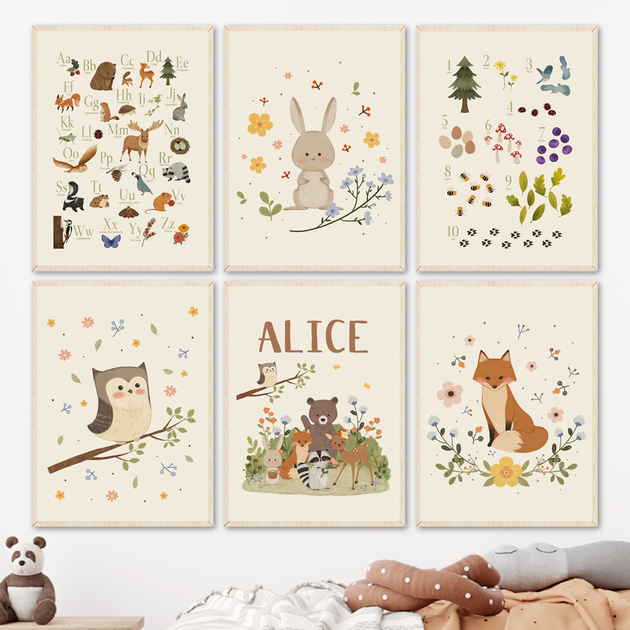 Animals Baby Nursery - ภาพพิมพ์บนผ้าใบลายกระต่าย จิ้งจอก นกฮูก หมี ตัวอักษร ตัวเลข