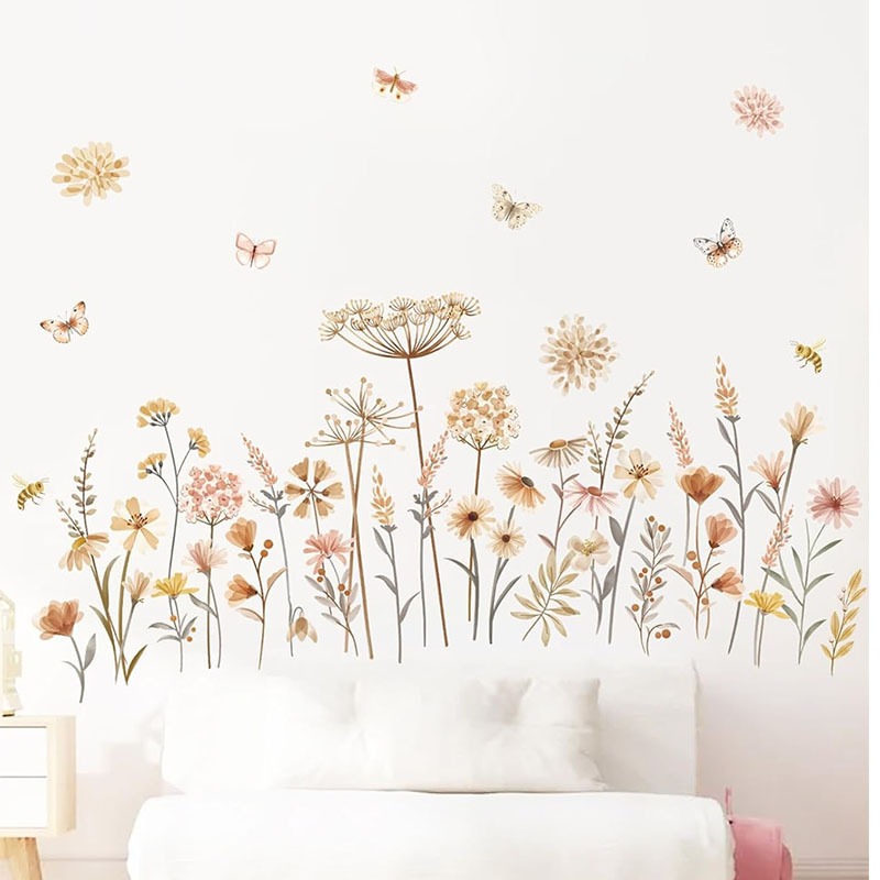 Baby Nursery Plants - Boho สติกเกอร์กำแพงดอกไม้ดอกแดนดิไลออนดอกไม้ป่าดอกไม้รูปลอกหญ้าสำหรับสถานรับเลี้ยงเด็กทารกหญิงห้องนอน hiasan dinding kamar เด็ก