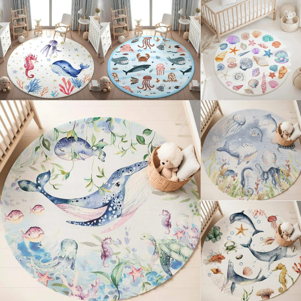 Baby Nursery Rug - พรมลายสัตว์ทะเลสีฟ้า สำหรับห้องนั่งเล่น ห้องเด็กผู้หญิง ห้องเด็กเล่น ห้องนอน พรมนุ่ม