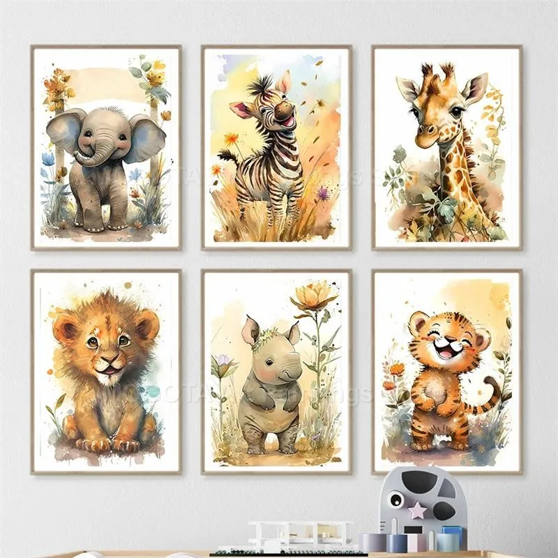 สีน้ำสิงโตยีราฟเสือช้างม้าลายเ - Animals Baby Nursery บทวิจารณ์และราคา