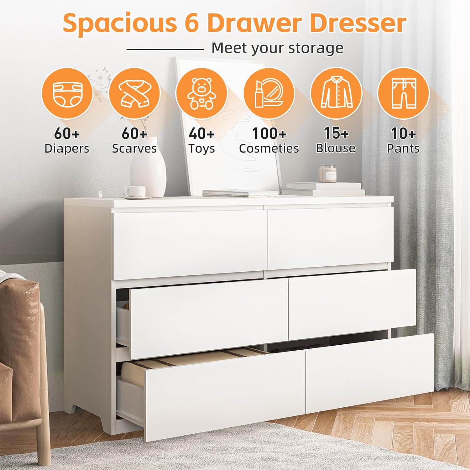 ตู้ลิ้นชักไม้สีขาว 6 ลิ้นชักสำ - Drawer Dresser White บทวิจารณ์และราคา